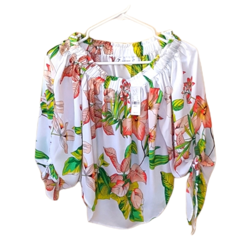 New York & Company White Green Orange Floral Blouse